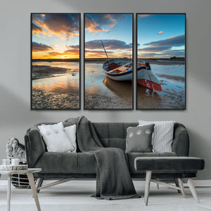 Small Boat At The Beach Sunset Wall Art, Boat Sunset Wall
