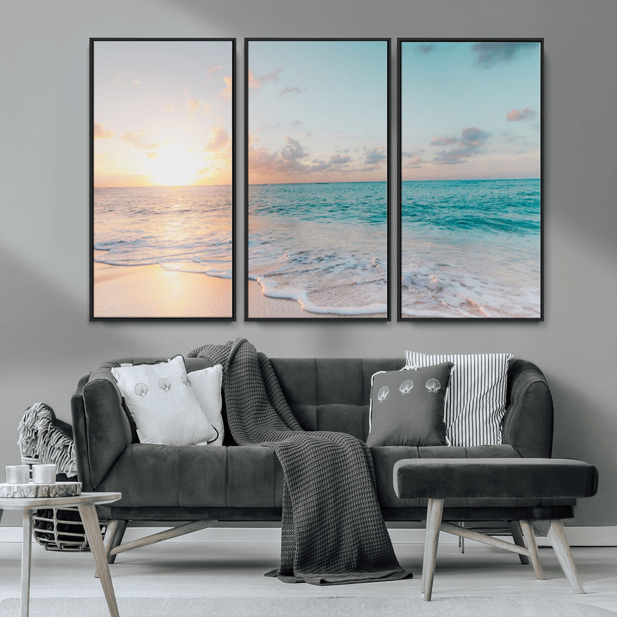 Tranquil Ocean Beach Sunset Canvas Wall Art | 3-Panel