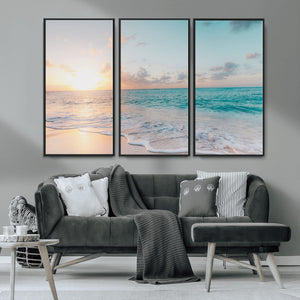 Tranquil Ocean Beach Sunset Canvas Wall Art | 3-Panel