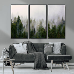 Misty Pine Forest Wall Art Canvas Print | 3 Panel Green
