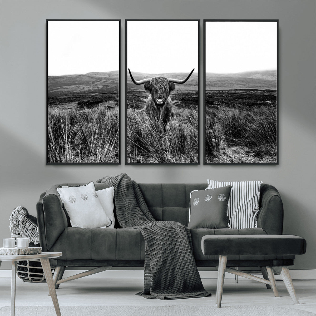 Black and White Highland Cow Canvas Wall Art, Longhorn