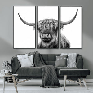 Grayscale Scottish Highland Cow Cattle Art Print Farmhouse