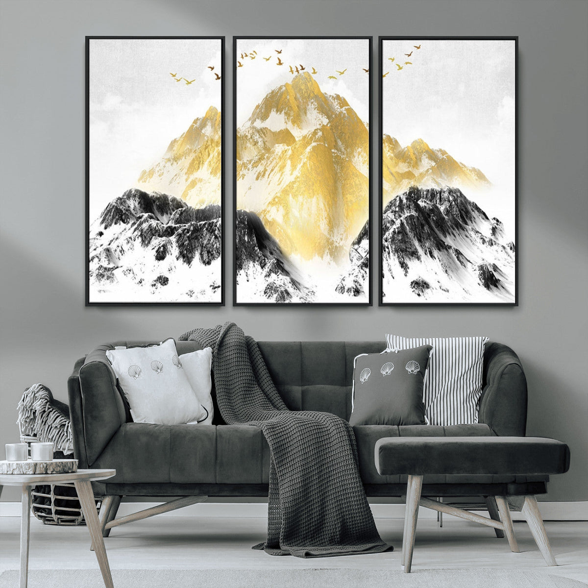Golden Mountain Triptych Wall Art Canvas Print, Modern