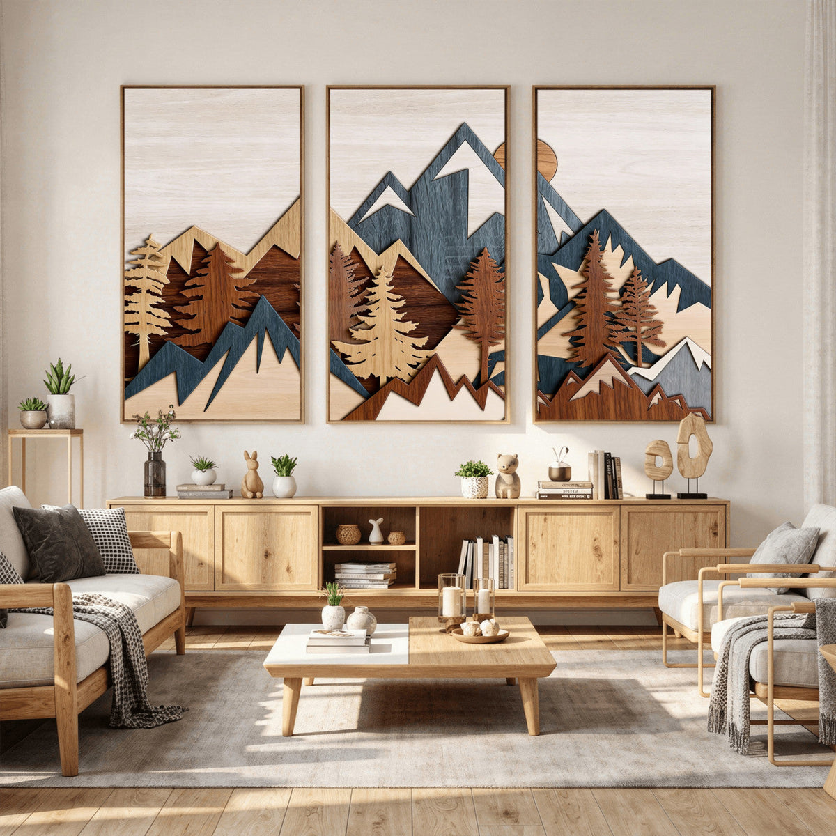 Woodland Mountain Landscape Triptych, Giclee Canvas Art for