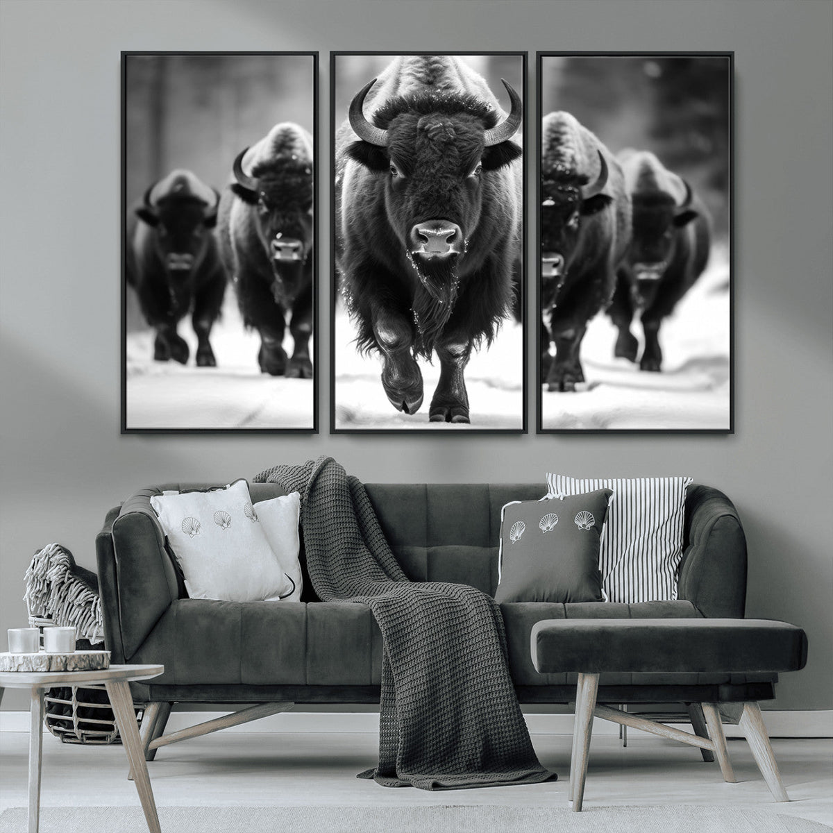 American Bison Art | Buffalo Herd Wall Art Canvas Print, BW