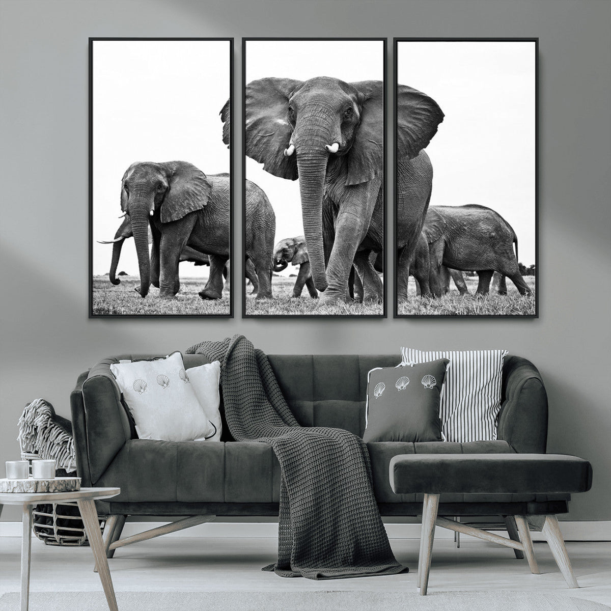 Black White Elephant Family Wall Art Canvas Print