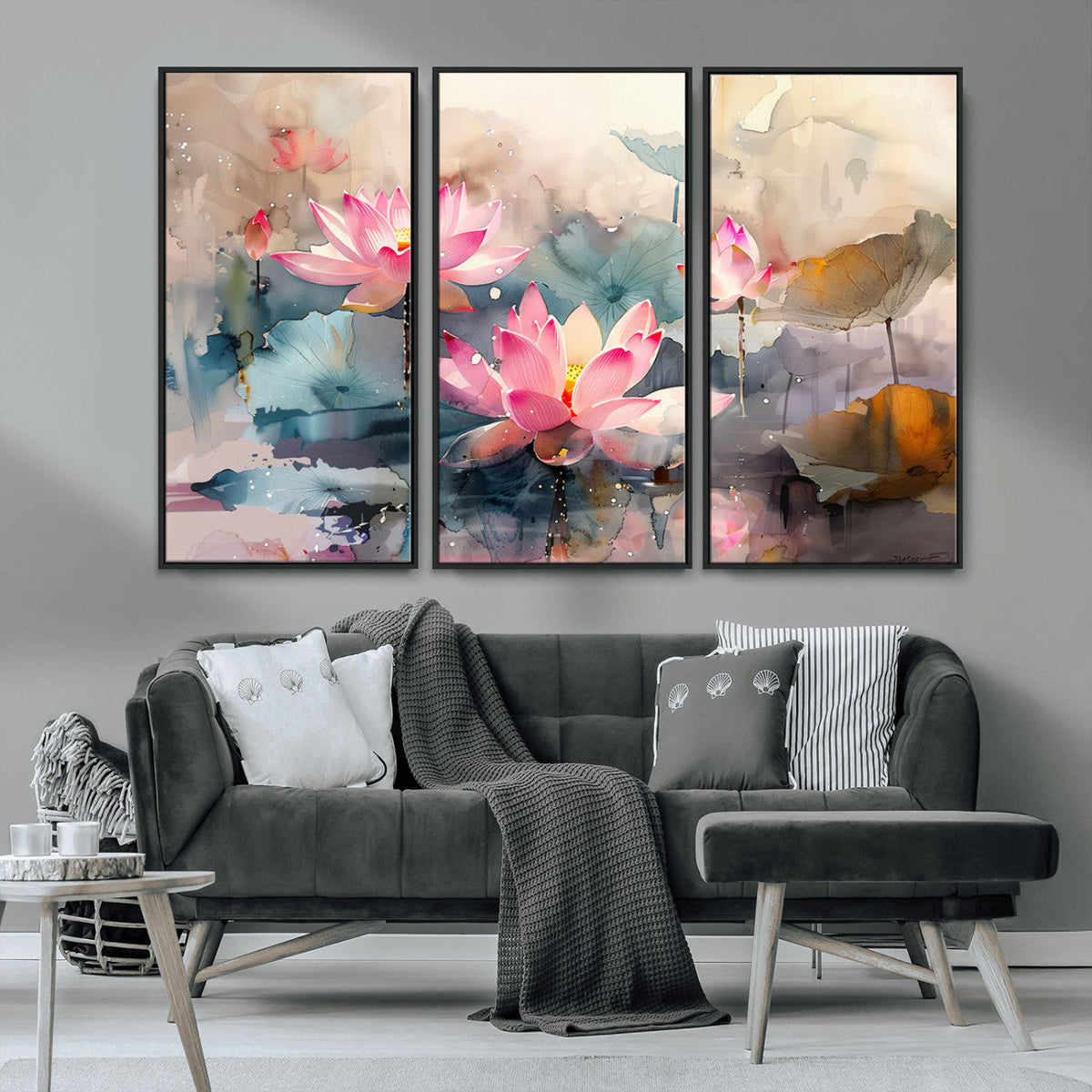 Lotus Flower Wall Art | 3-Panel Giclee Canvas Print of Pink