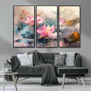 Lotus Flower Wall Art | 3-Panel Giclee Canvas Print of Pink