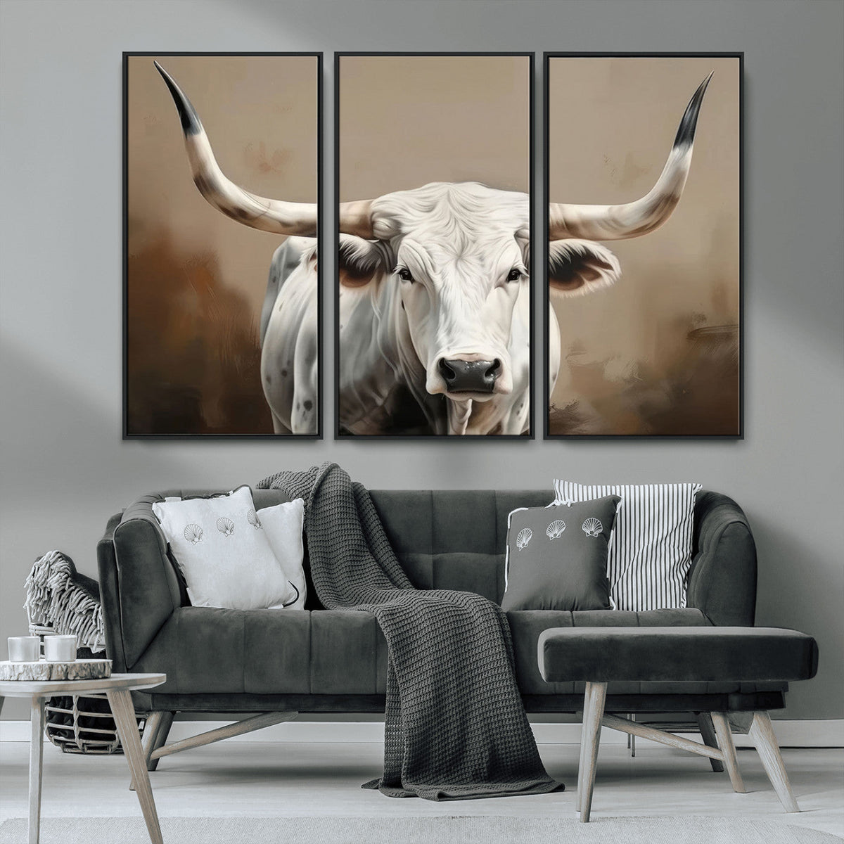 White Longhorn Bull Wall Art Canvas Print – Framed and Ready