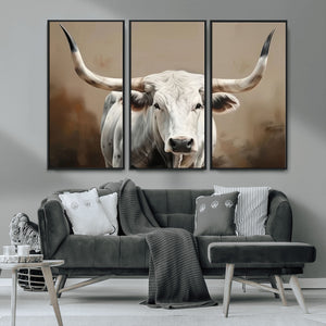 White Longhorn Bull Wall Art Canvas Print – Framed and Ready