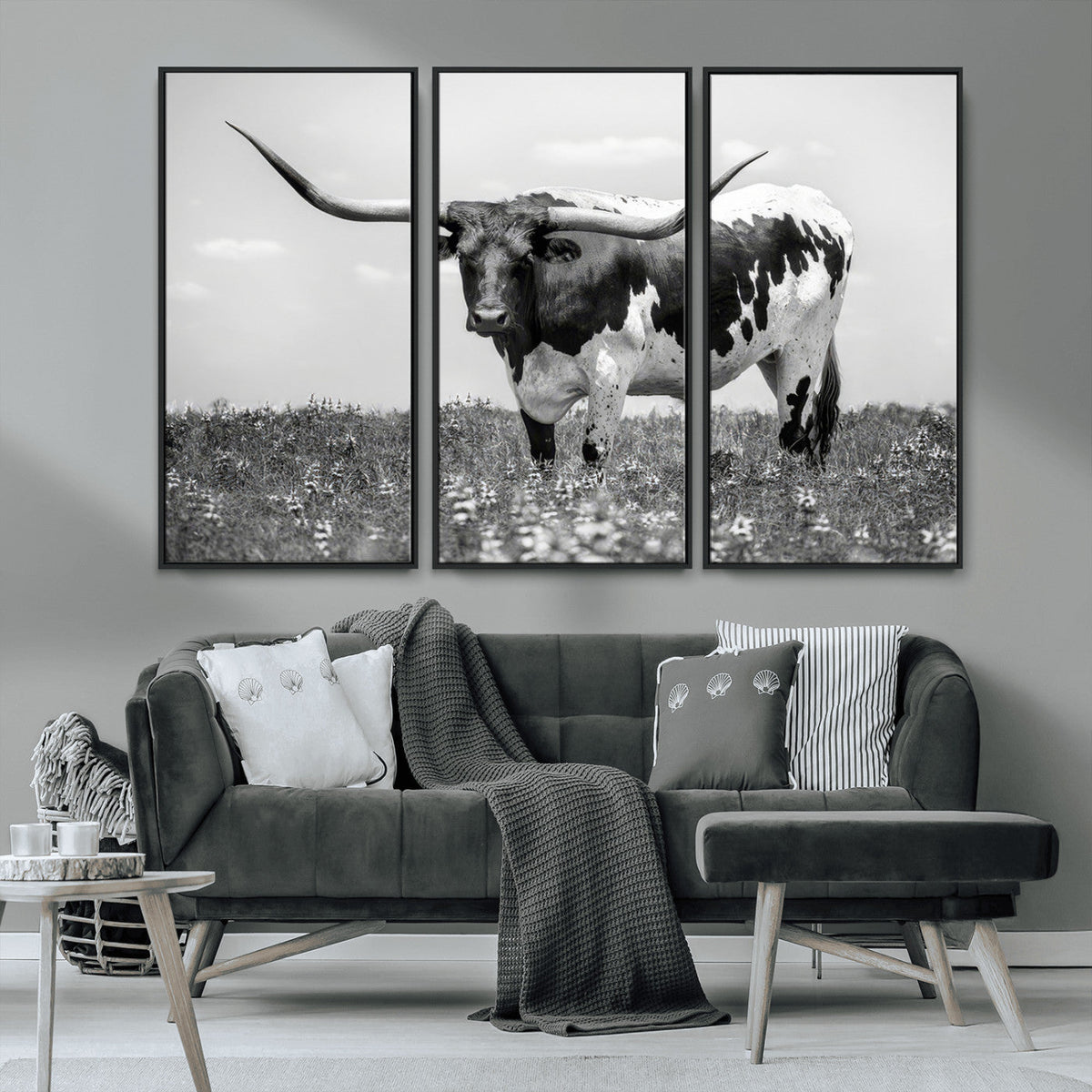 Texas Black White Highland Longhorn Cow Wall Art Canvas