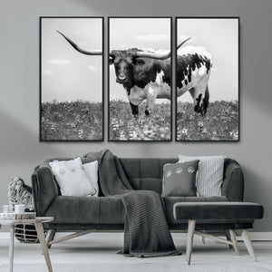 Texas Black White Highland Longhorn Cow Wall Art Canvas