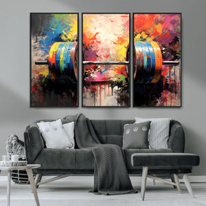 Weightlifting Barbell Art Triptych, Bold Abstract Fitness