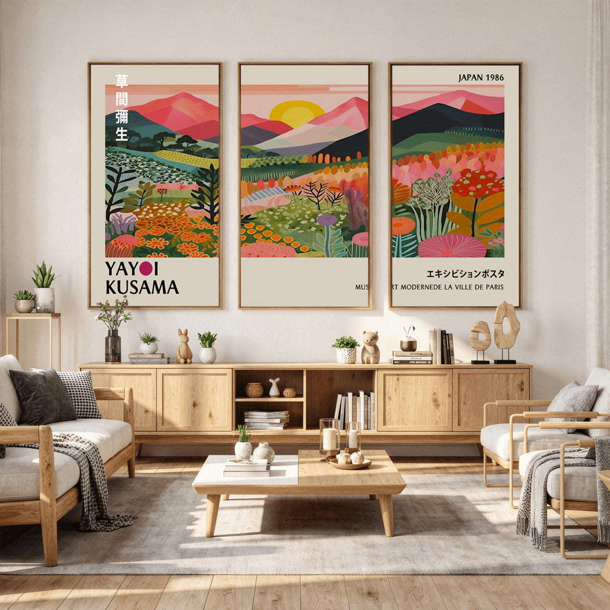 Yayoi Kusama Landscape Canvas Print, Vibrant Floral Mountain Art Print, Framed Botanical Wall Art -