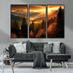 Golden Sunset Over Mountain Forest Canvas Wall Art Print -