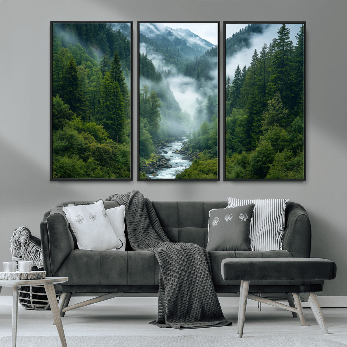 Mountain Forest River Canvas Wall Art Print - Serene Nature