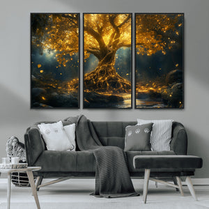 Golden Tree of Life Canvas Wall Art Print - Majestic Glowing