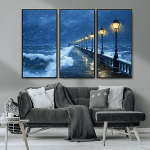 Stormy Ocean Pier Lights Canvas Wall Art Print - Large Moody