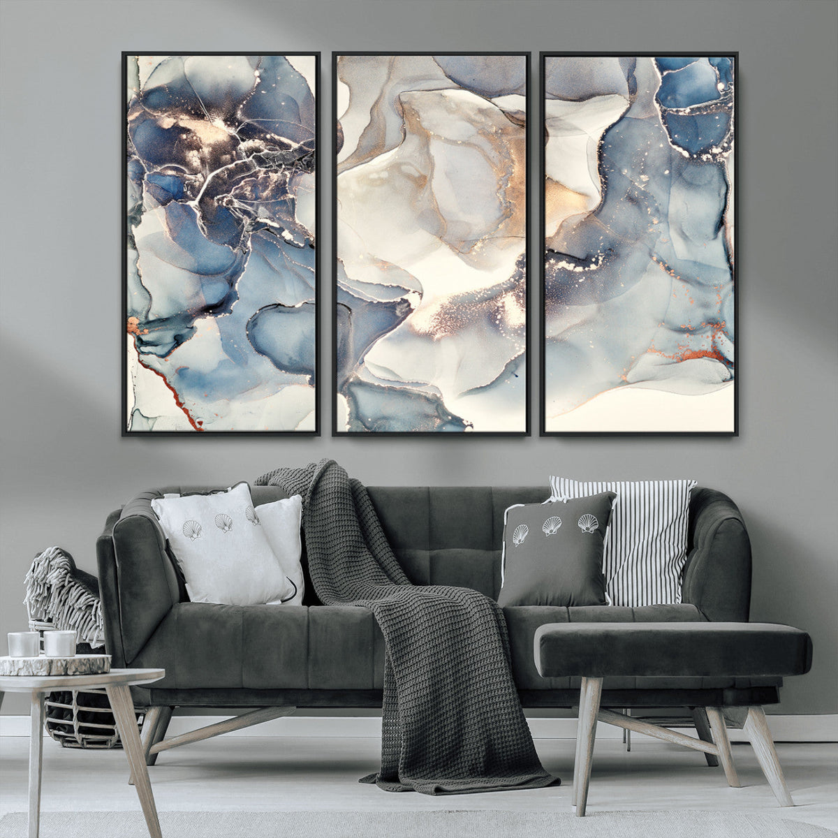 Abstract Blue and Gold Canvas Wall Art - Fluid Modern Ink