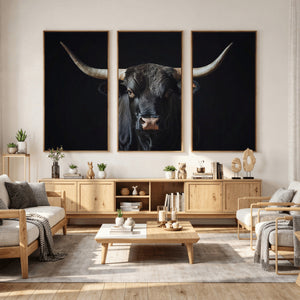 Majestic Longhorn Bull Wall Art Canvas Print – Dark