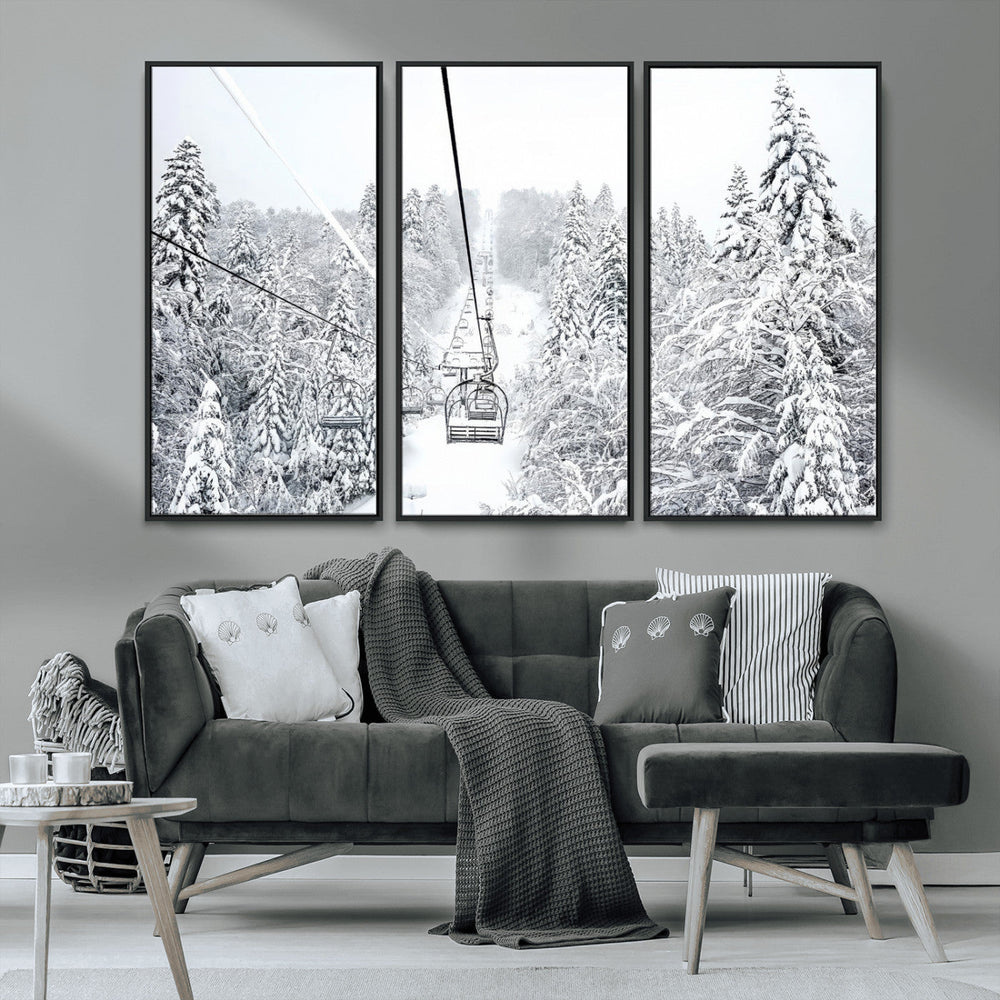 Snowy Ski Lift Wall Art – Framed Winter Mountain Canvas