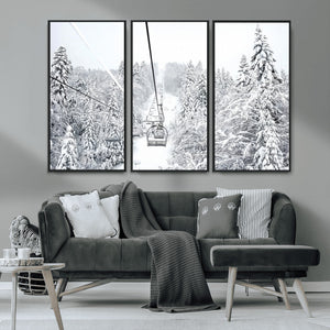Snowy Ski Lift Wall Art – Framed Winter Mountain Canvas