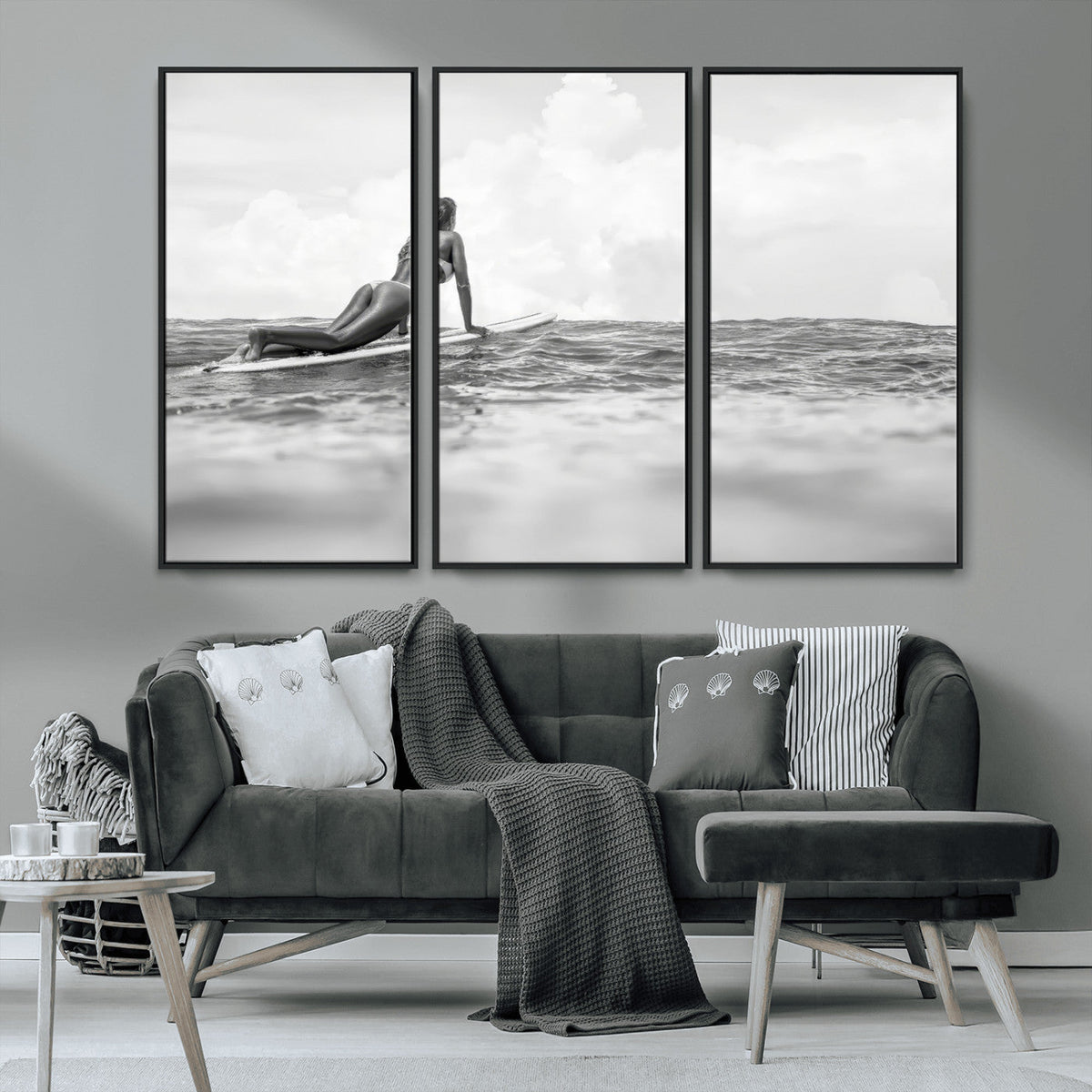 Black and White Surfing Wall Art Canvas Print – Framed Ocean