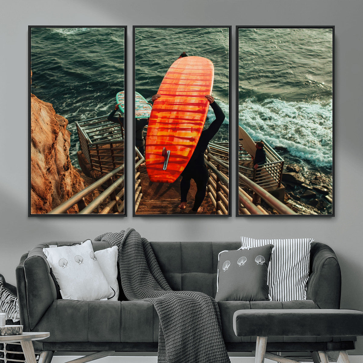 Surfer Stairway Wall Art – Framed Ocean Surf Canvas Artwork,