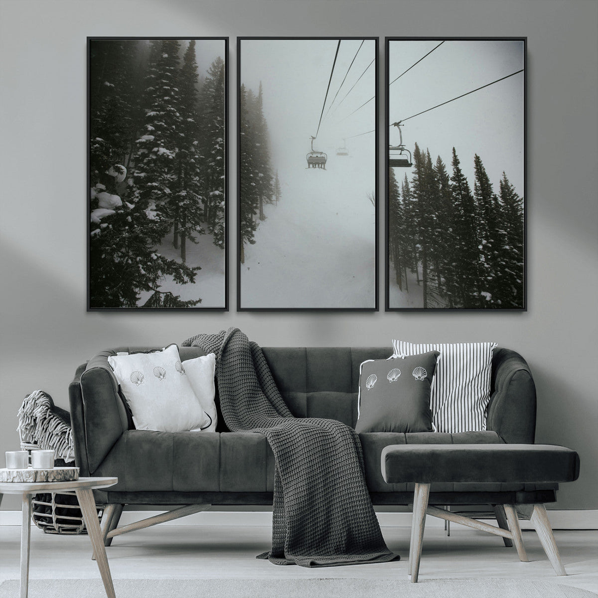 Ski Lift Wall Art Canvas Print – Snowy Pines Misty Landscape