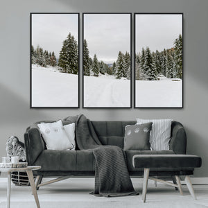 Frosty Pines Wall Art Canvas Print – Framed Silent Snowfall