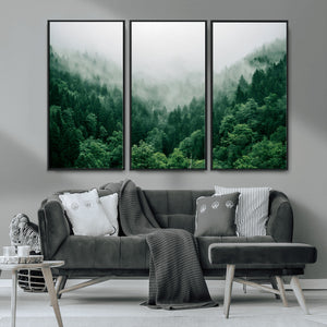 Misty Green Forest Canvas Print – Framed Serene Foggy Pine