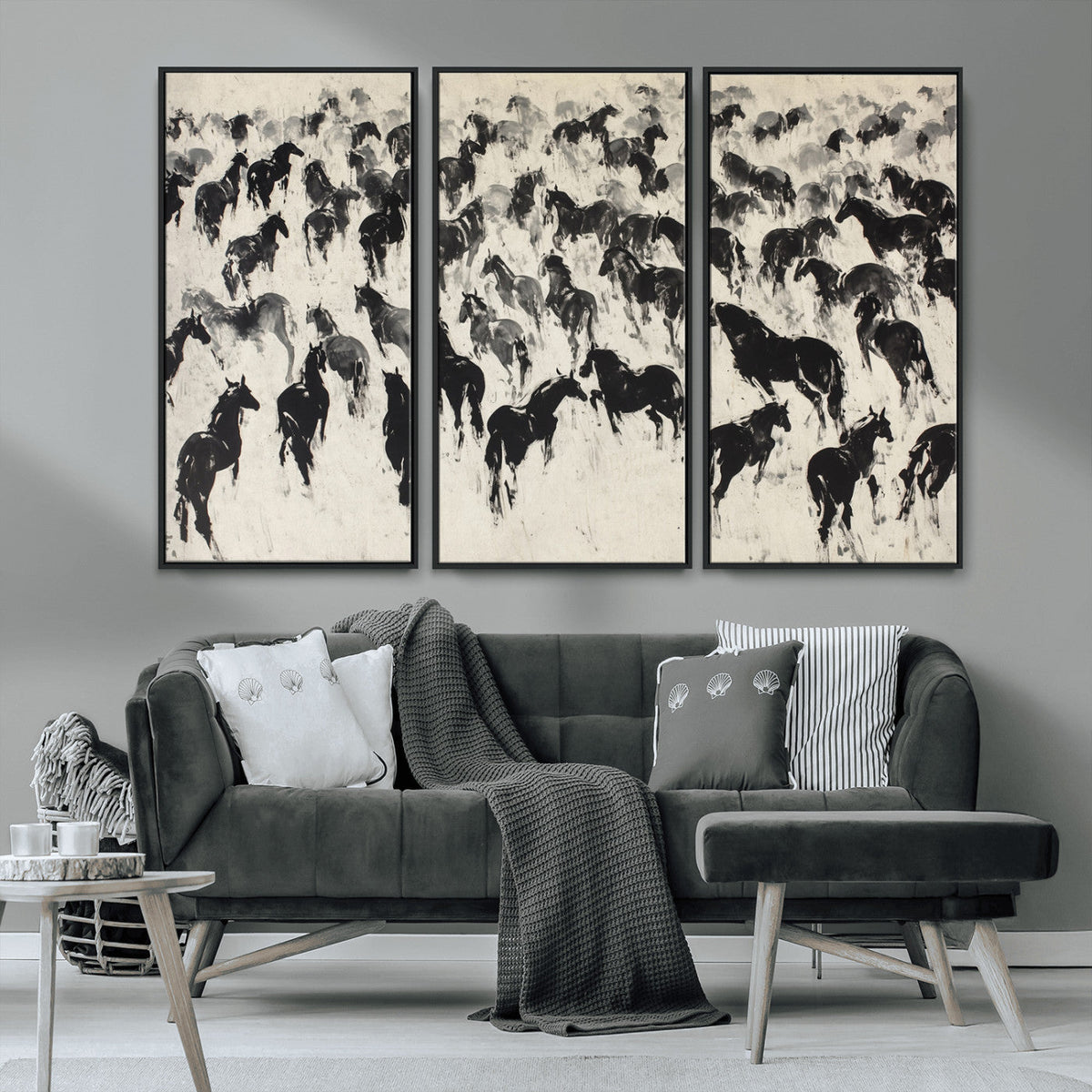 Wild Horse Stampede Wall Art Canvas Print – Monochrome