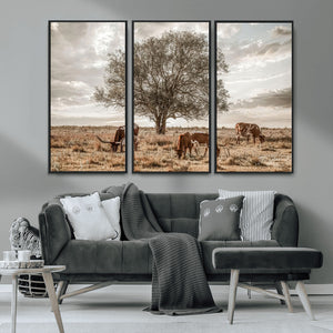 Texas Longhorn Cattle Wall Art, Rustic Western Ranch Canvas