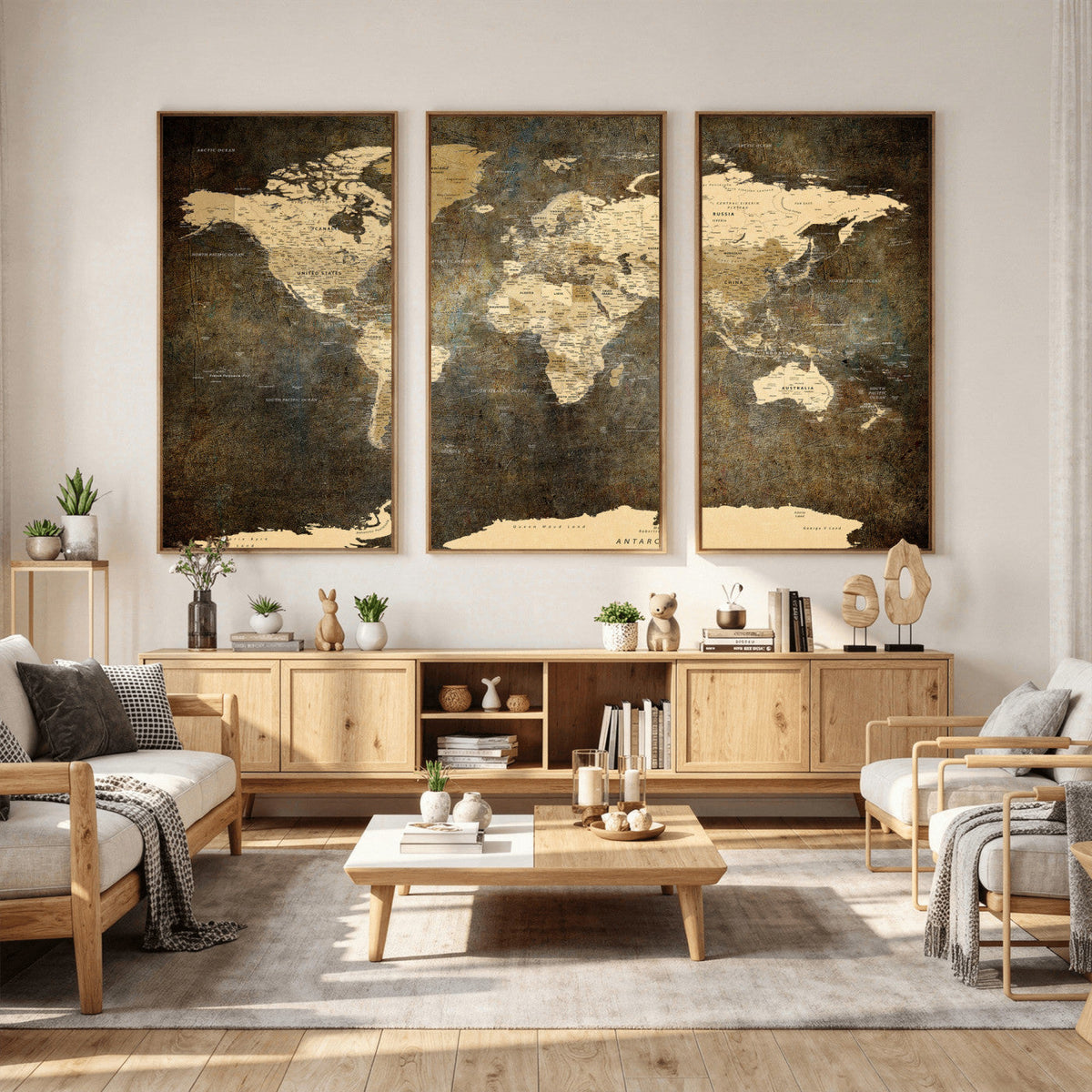 Large Framed Vintage World Map Wall Art Print for Home Wall