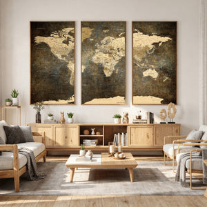 Large Framed Vintage World Map Wall Art Print for Home Wall