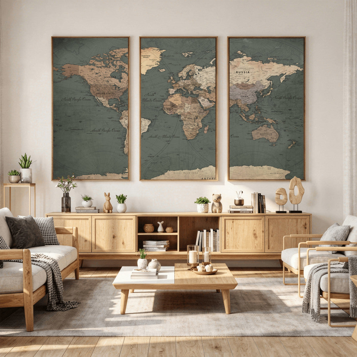 Rustic Black and Wood World Map Canvas Wall Art – Framed