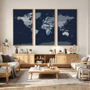 Blue Detailed World Map Wall Art Canvas Print, Modern Framed