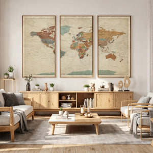 Vintage World Map Canvas Wall Art Print – Framed Modern