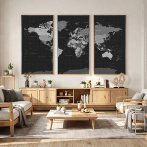 Black World Map Wall Art Canvas Print – Detailed Map of the