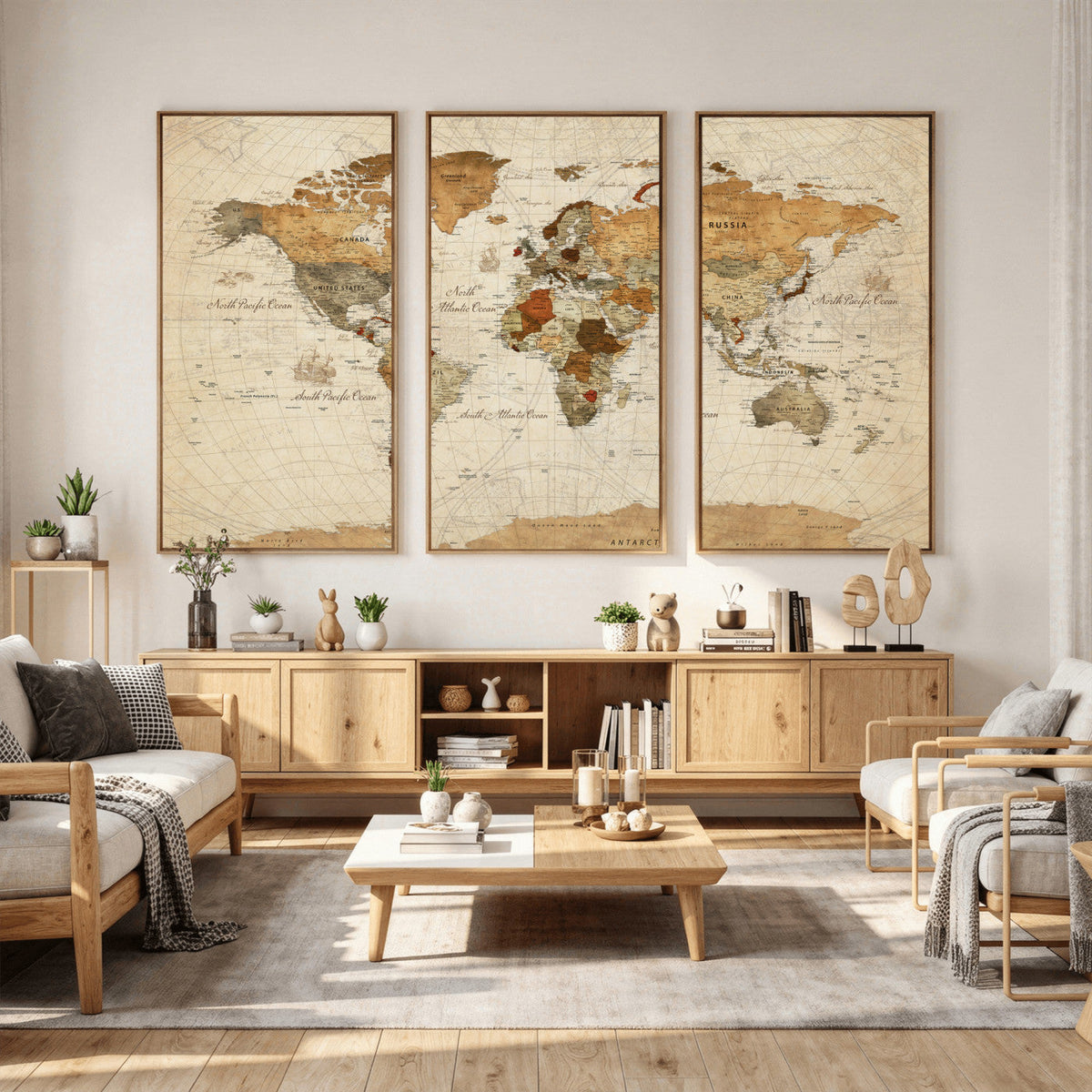 Rustic Vintage World Map Canvas Print – Framed Modern