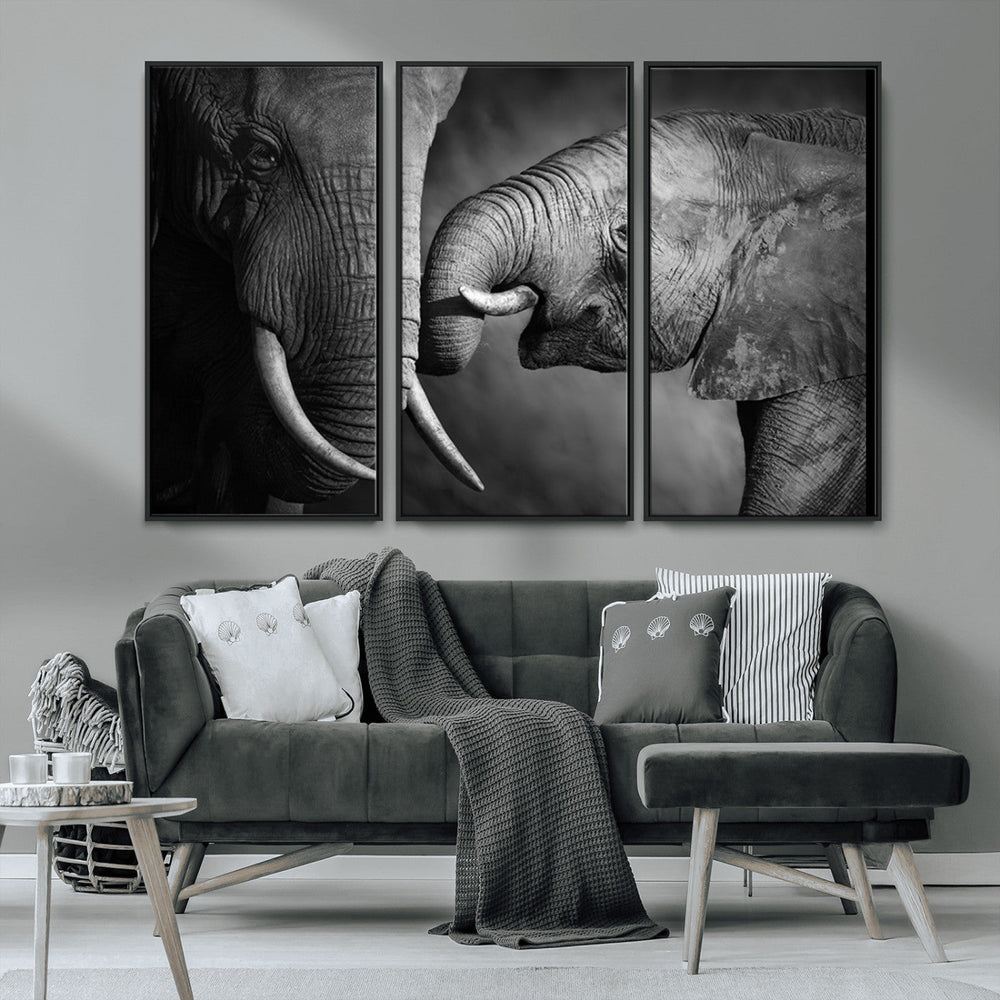 Elephant Family Wall Art Canvas, Framed Elephant Family