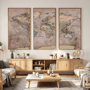 Grunge World Map Canvas Wall Art - Vintage Aged World Map