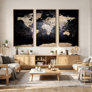 Grunge World Map Wall Art | 3-Panel Large Beige and Brown