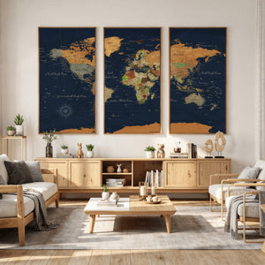 Modern World Map Canvas Print – Framed Detailed Map of the