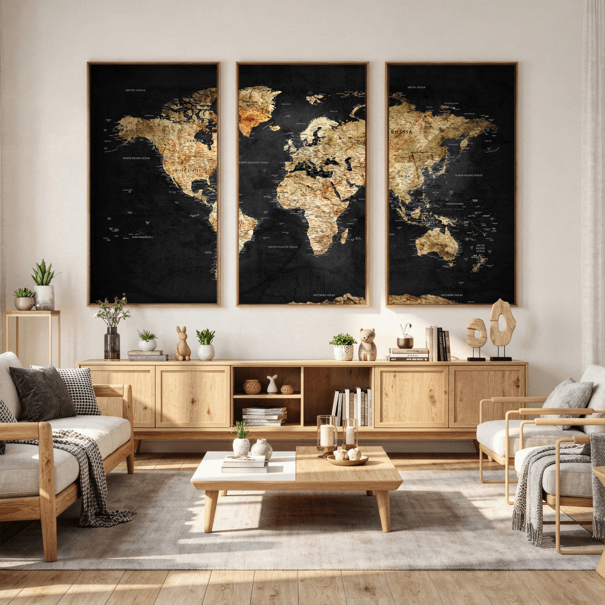 World Map Canvas Wall Art with Famous Landmarks – Framed
