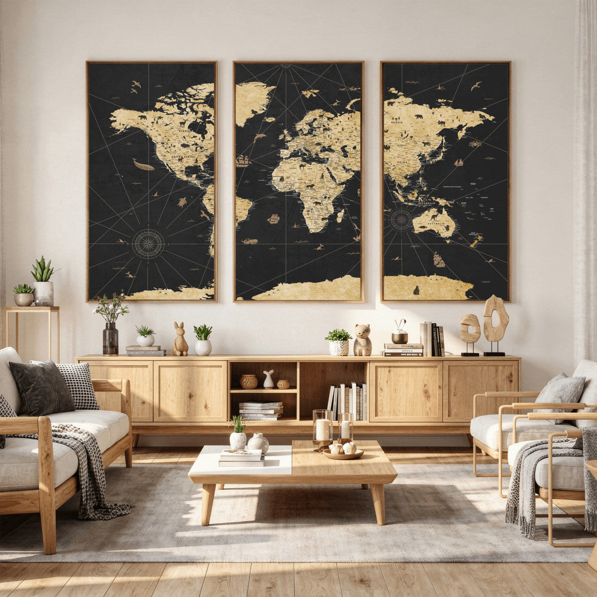 Vintage Blue and Brown World Map Canvas Wall Art – Framed