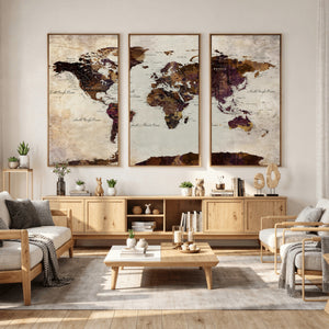 World Map Canvas Triptych – Colorful Global Wall Art for