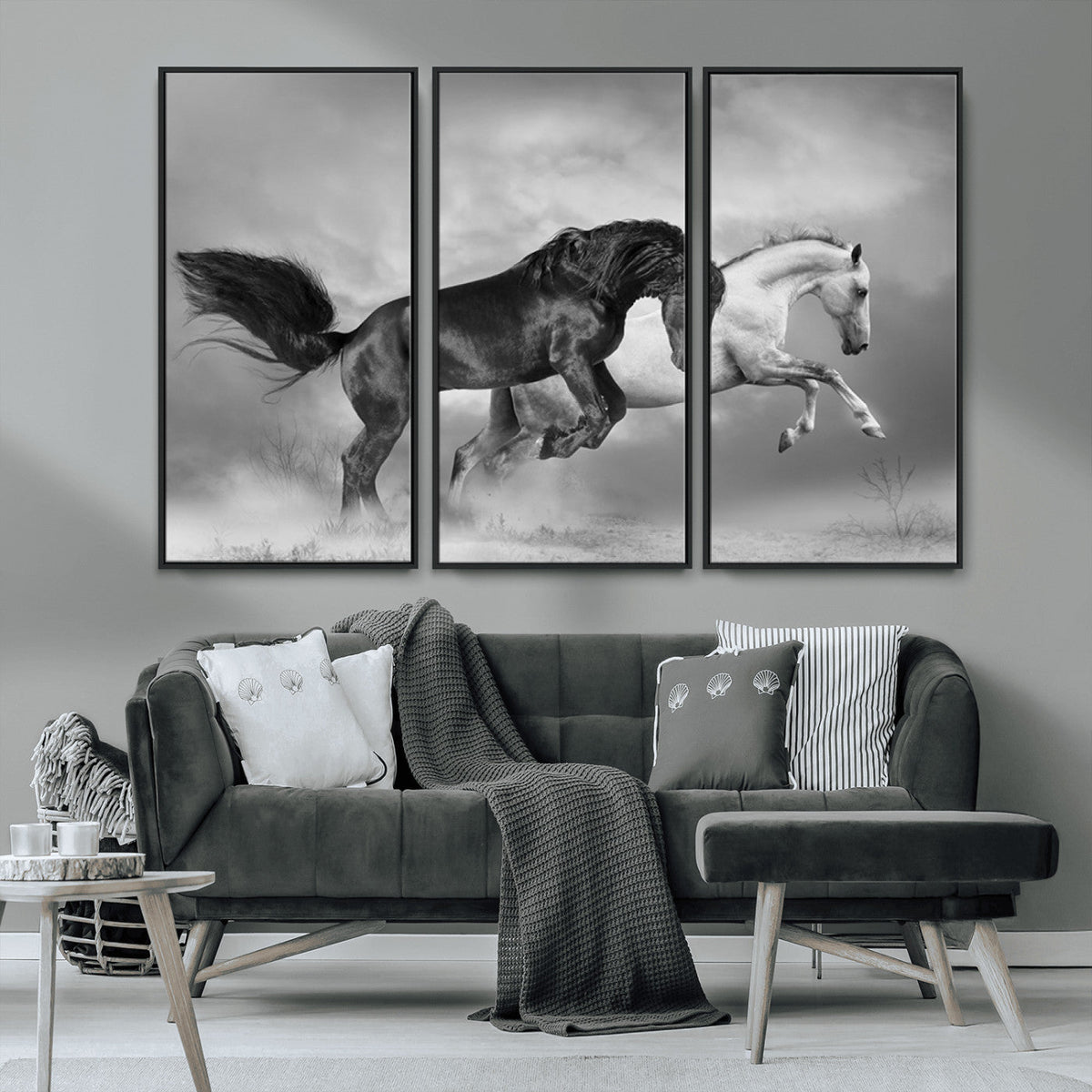 Wild Horses Wall Art Canvas Print – Framed Black and White