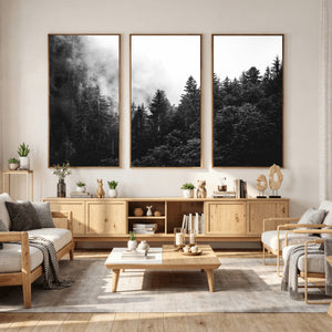 Black White Forest Wall Art Canvas Print, Misty Pine Tree