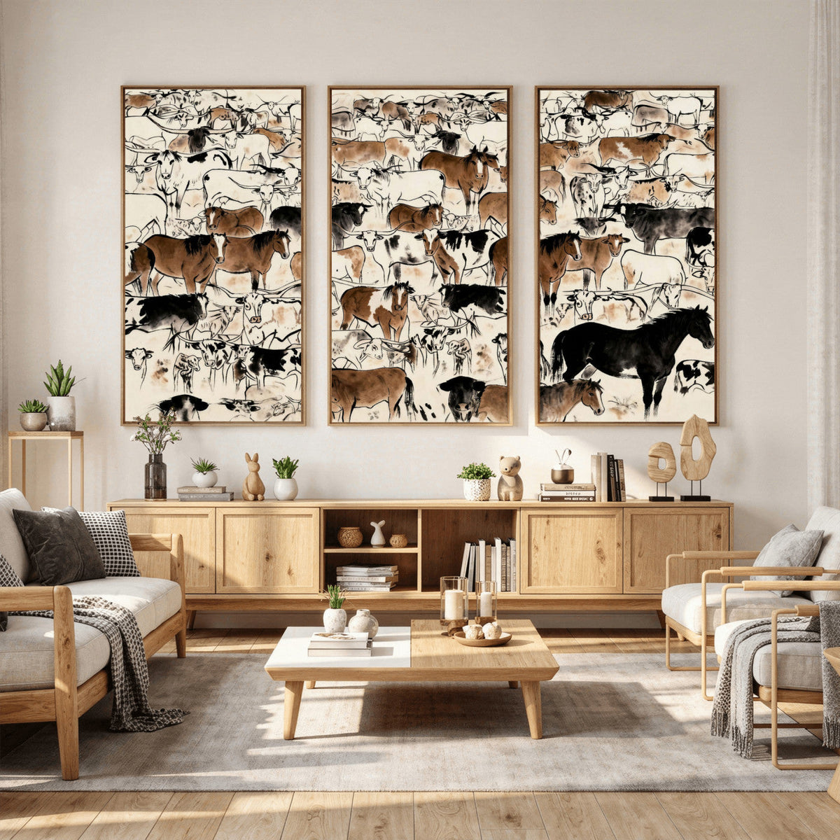 Farmhouse Animals Horse Longhorn Cow Wall Art Canvas Print -